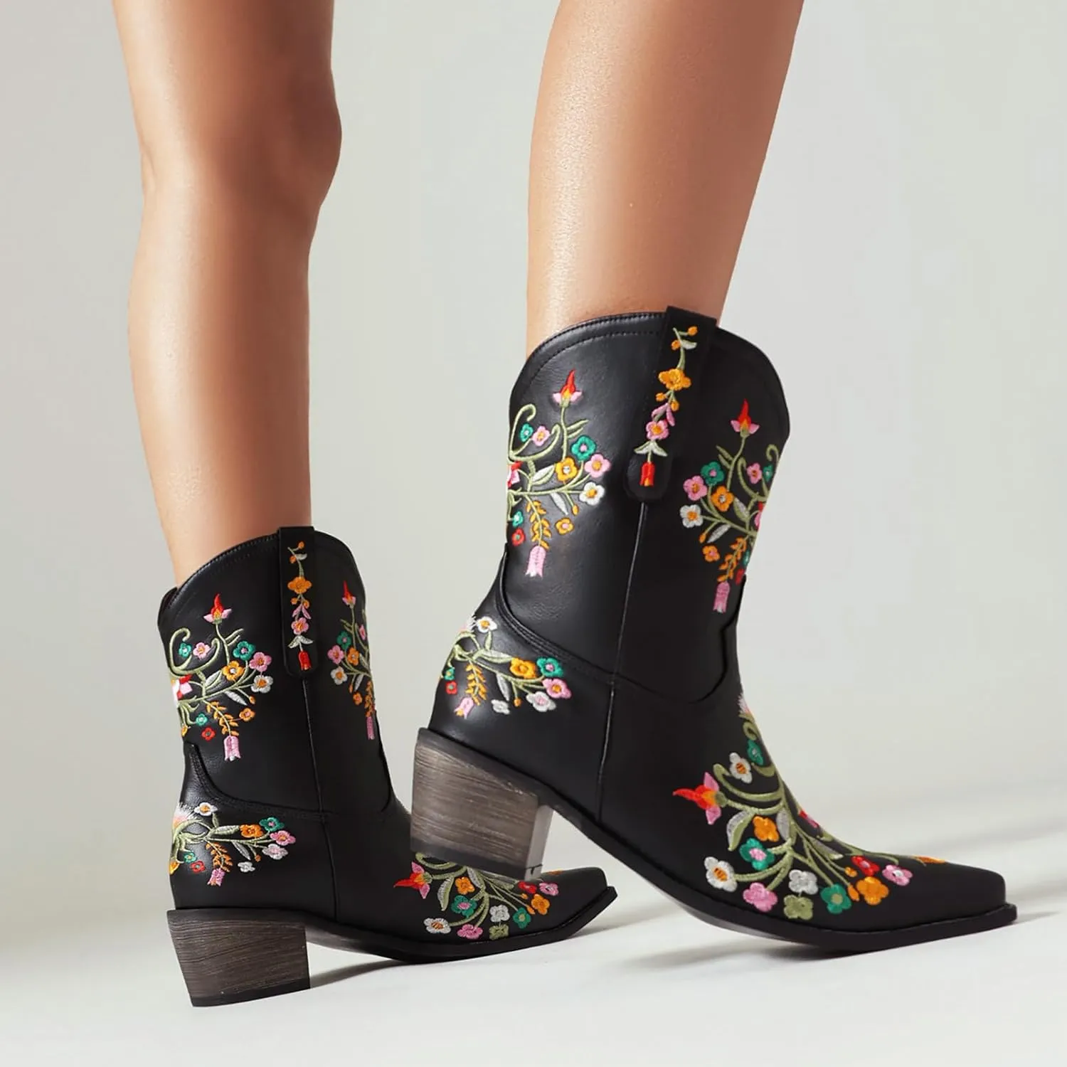 KiutSymo Cowboy Boots for Women Booties Ankle Cowgirl Boots Short Boots Square Toe Western Boots Flower Embroidered Chunky Heel Pull On Mid Calf Boots