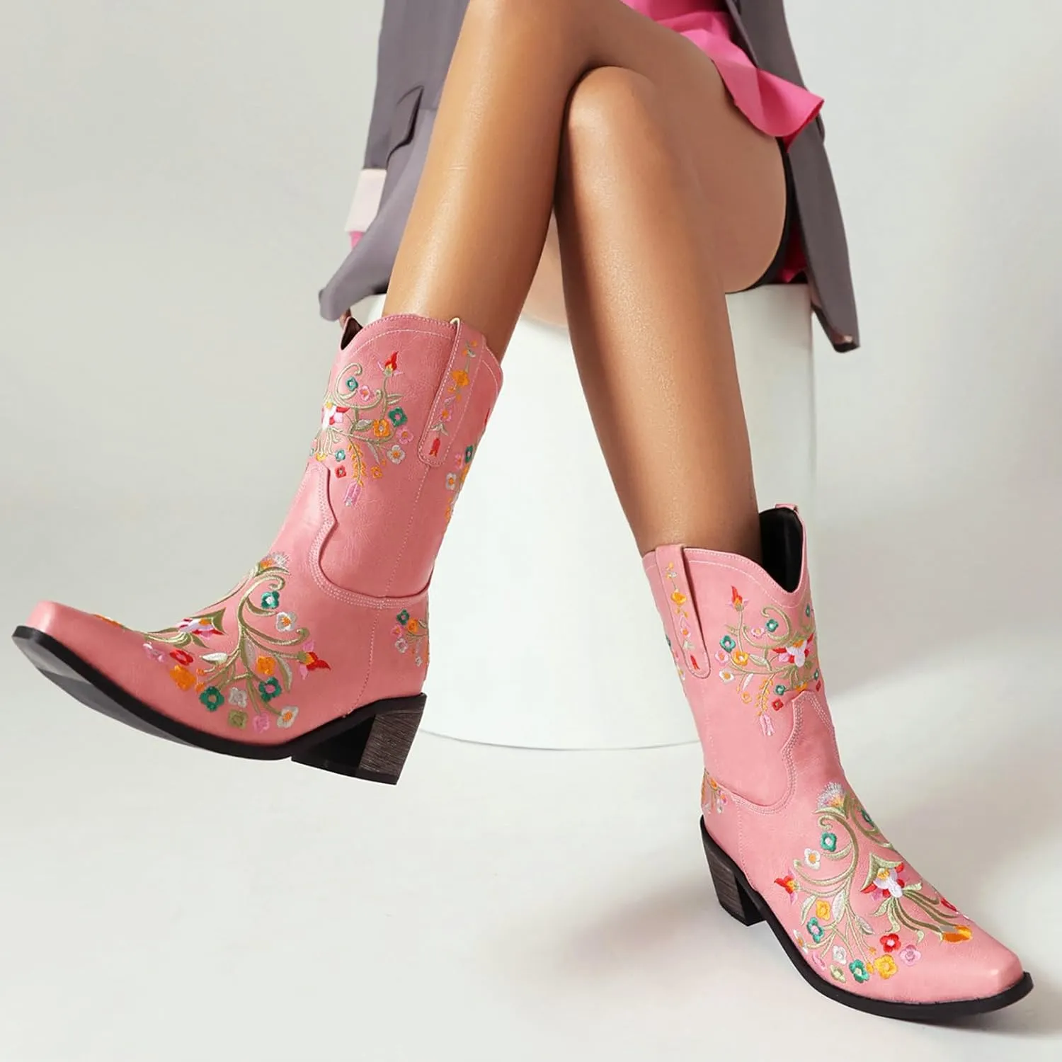 KiutSymo Cowboy Boots for Women Booties Ankle Cowgirl Boots Short Boots Square Toe Western Boots Flower Embroidered Chunky Heel Pull On Mid Calf Boots