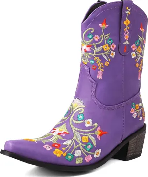 KiutSymo Cowboy Boots for Women Booties Ankle Cowgirl Boots Short Boots Square Toe Western Boots Flower Embroidered Chunky Heel Pull On Mid Calf Boots