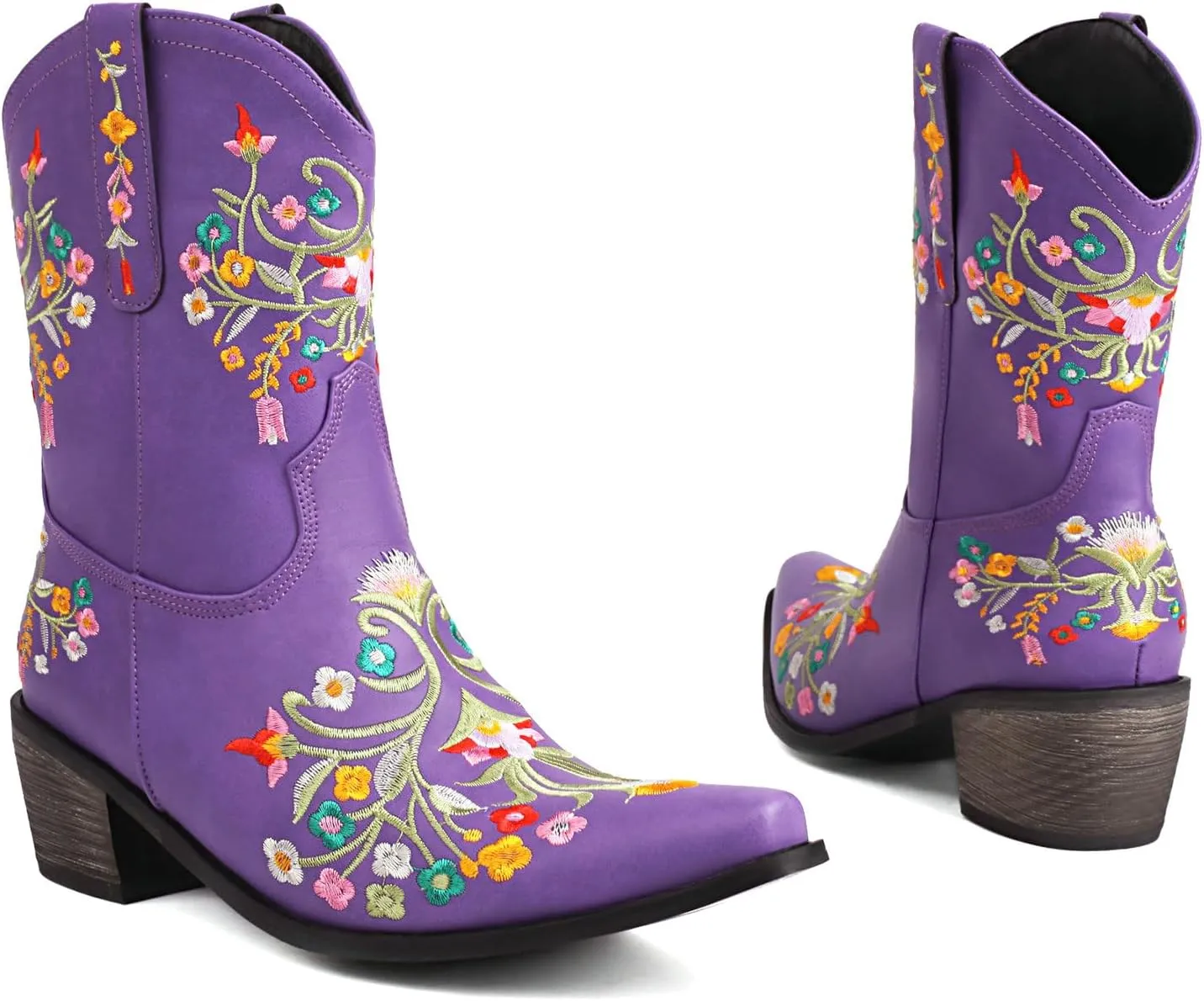 KiutSymo Cowboy Boots for Women Booties Ankle Cowgirl Boots Short Boots Square Toe Western Boots Flower Embroidered Chunky Heel Pull On Mid Calf Boots