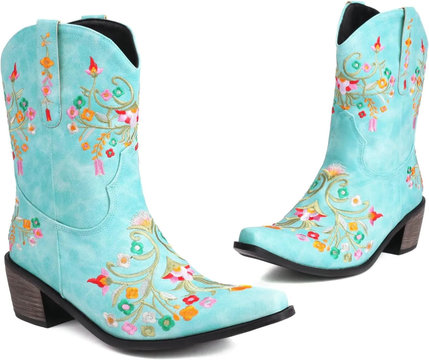 KiutSymo Cowboy Boots for Women Booties Ankle Cowgirl Boots Short Boots Square Toe Western Boots Flower Embroidered Chunky Heel Pull On Mid Calf Boots