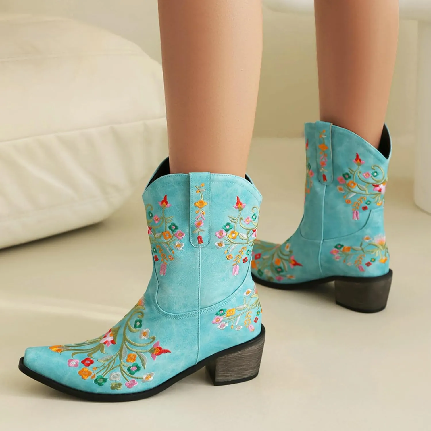 KiutSymo Cowboy Boots for Women Booties Ankle Cowgirl Boots Short Boots Square Toe Western Boots Flower Embroidered Chunky Heel Pull On Mid Calf Boots