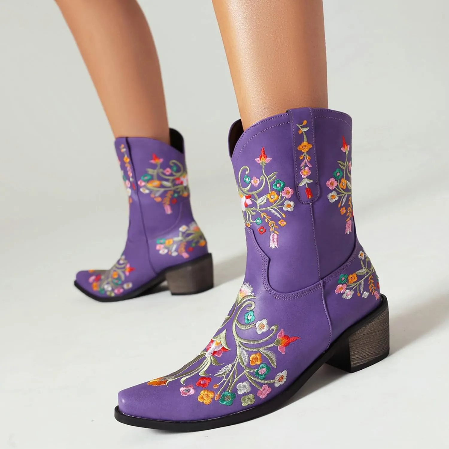 KiutSymo Cowboy Boots for Women Booties Ankle Cowgirl Boots Short Boots Square Toe Western Boots Flower Embroidered Chunky Heel Pull On Mid Calf Boots