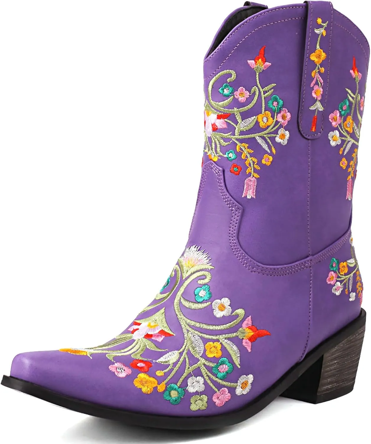 KiutSymo Cowboy Boots for Women Booties Ankle Cowgirl Boots Short Boots Square Toe Western Boots Flower Embroidered Chunky Heel Pull On Mid Calf Boots