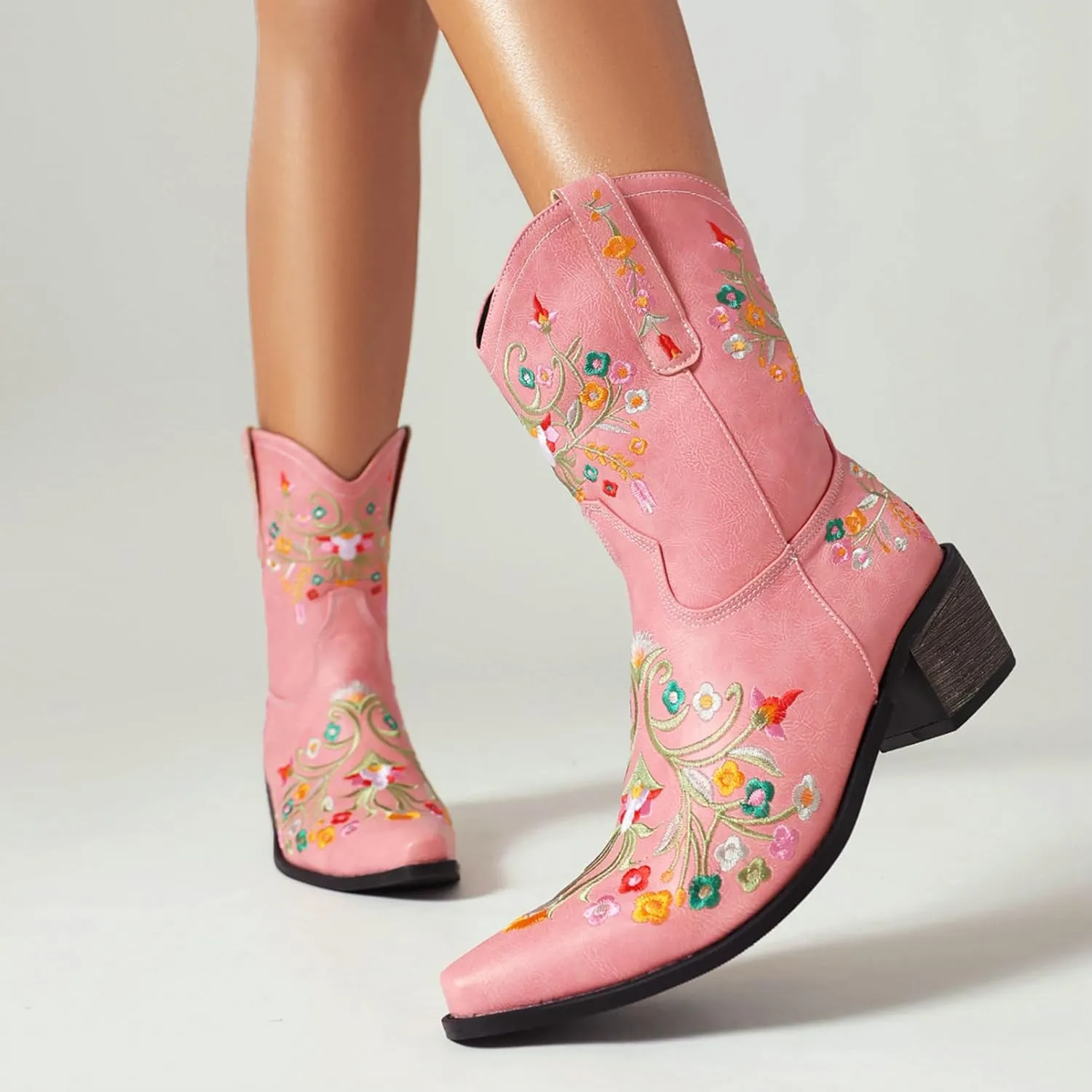 KiutSymo Cowboy Boots for Women Booties Ankle Cowgirl Boots Short Boots Square Toe Western Boots Flower Embroidered Chunky Heel Pull On Mid Calf Boots