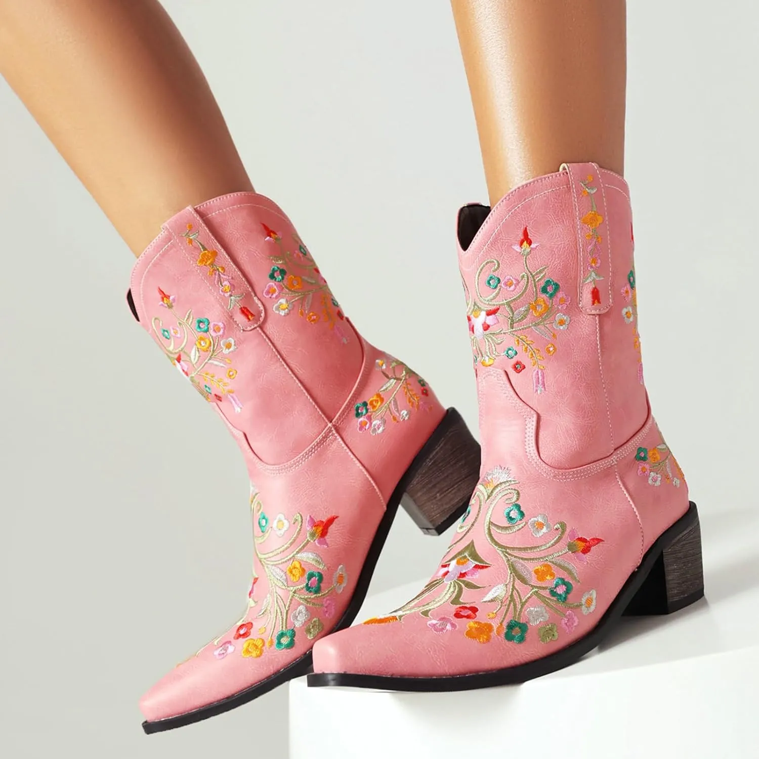 KiutSymo Cowboy Boots for Women Booties Ankle Cowgirl Boots Short Boots Square Toe Western Boots Flower Embroidered Chunky Heel Pull On Mid Calf Boots