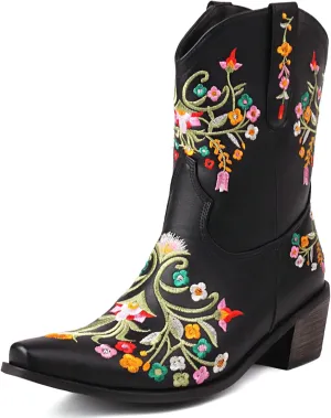 KiutSymo Cowboy Boots for Women Booties Ankle Cowgirl Boots Short Boots Square Toe Western Boots Flower Embroidered Chunky Heel Pull On Mid Calf Boots