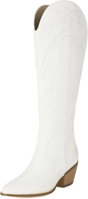 KiutSymo Cowboy Boots for Women Knee High Boots Wide Calf Cowgirl Boots Pointed Toe Classic Embroidered Western Boots Mid Chunky Heel Side Zipper Retro Tall Boot