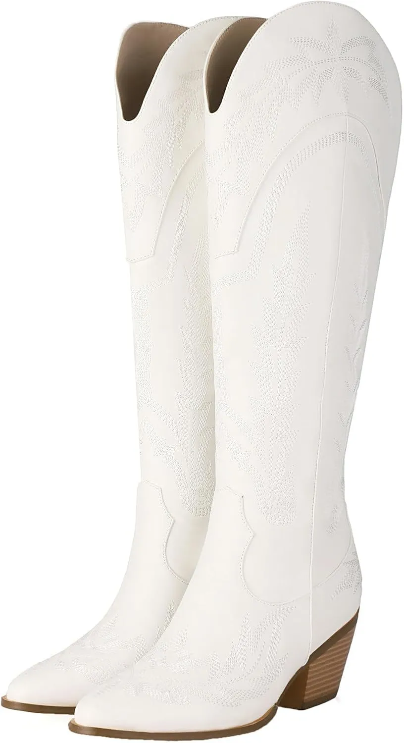 KiutSymo Cowboy Boots for Women Knee High Boots Wide Calf Cowgirl Boots Pointed Toe Classic Embroidered Western Boots Mid Chunky Heel Side Zipper Retro Tall Boot