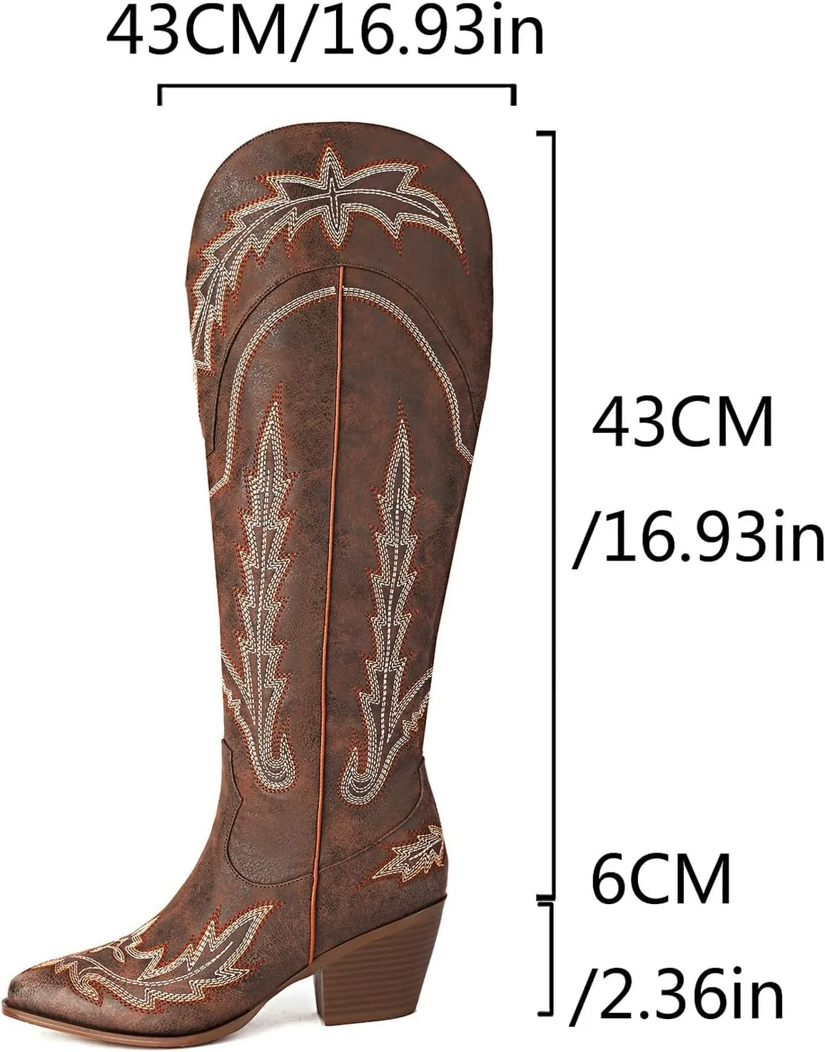 KiutSymo Cowboy Boots for Women Knee High Boots Wide Calf Cowgirl Boots Pointed Toe Classic Embroidered Western Boots Mid Chunky Heel Side Zipper Retro Tall Boot