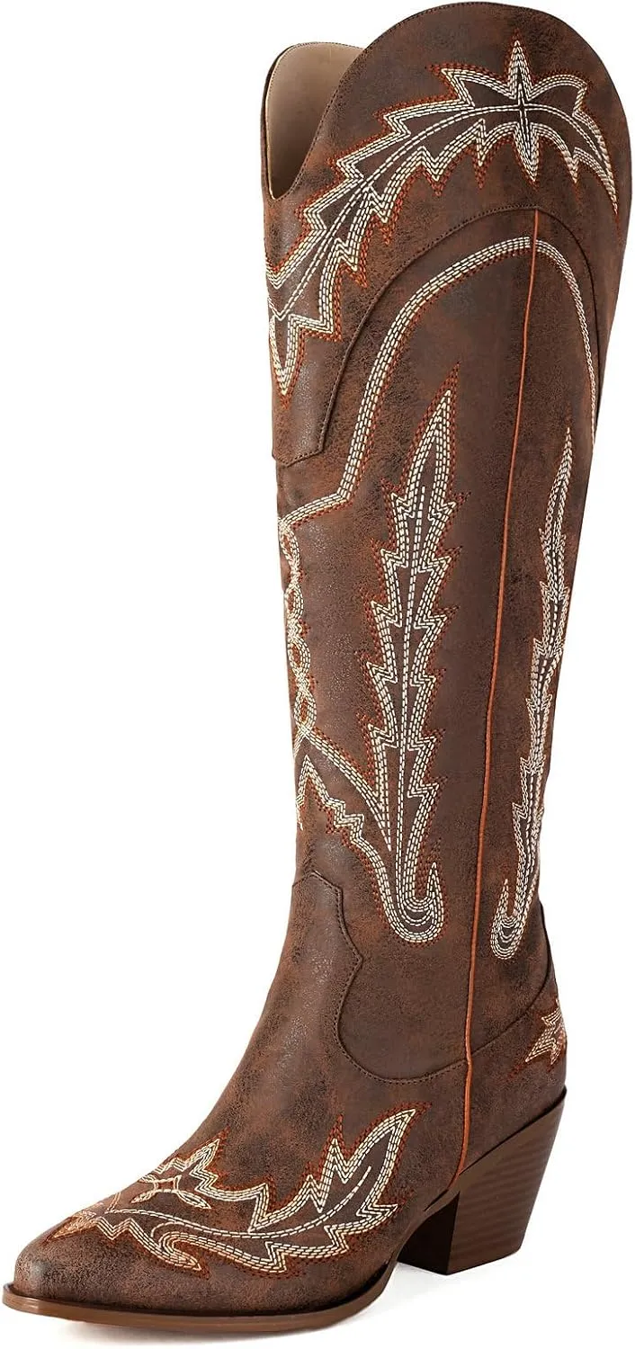 KiutSymo Cowboy Boots for Women Knee High Boots Wide Calf Cowgirl Boots Pointed Toe Classic Embroidered Western Boots Mid Chunky Heel Side Zipper Retro Tall Boot
