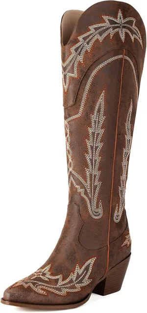 KiutSymo Cowboy Boots for Women Knee High Boots Wide Calf Cowgirl Boots Pointed Toe Classic Embroidered Western Boots Mid Chunky Heel Side Zipper Retro Tall Boot