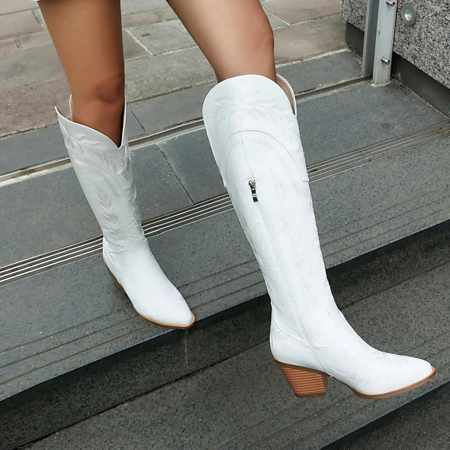 KiutSymo Cowboy Boots for Women Knee High Boots Wide Calf Cowgirl Boots Pointed Toe Classic Embroidered Western Boots Mid Chunky Heel Side Zipper Retro Tall Boot
