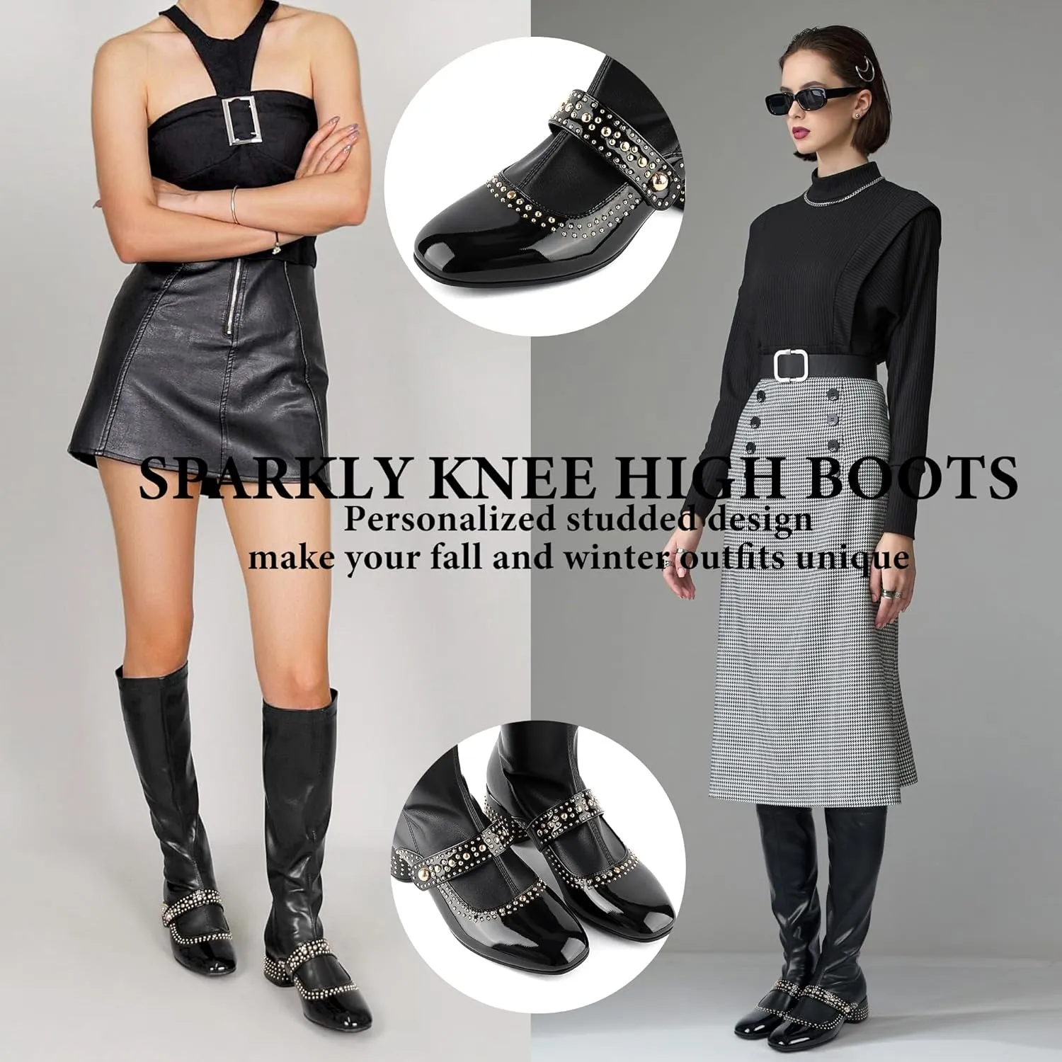 Knee High Boots for Women Round Toe Comfortable Chunky Block Heel Elastic Stretch Tall Boots Rivet Zipper Fashion Dancing Party Boots