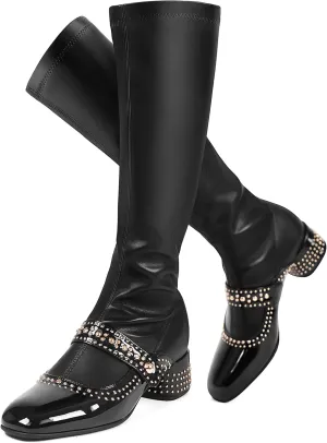 Knee High Boots for Women Round Toe Comfortable Chunky Block Heel Elastic Stretch Tall Boots Rivet Zipper Fashion Dancing Party Boots