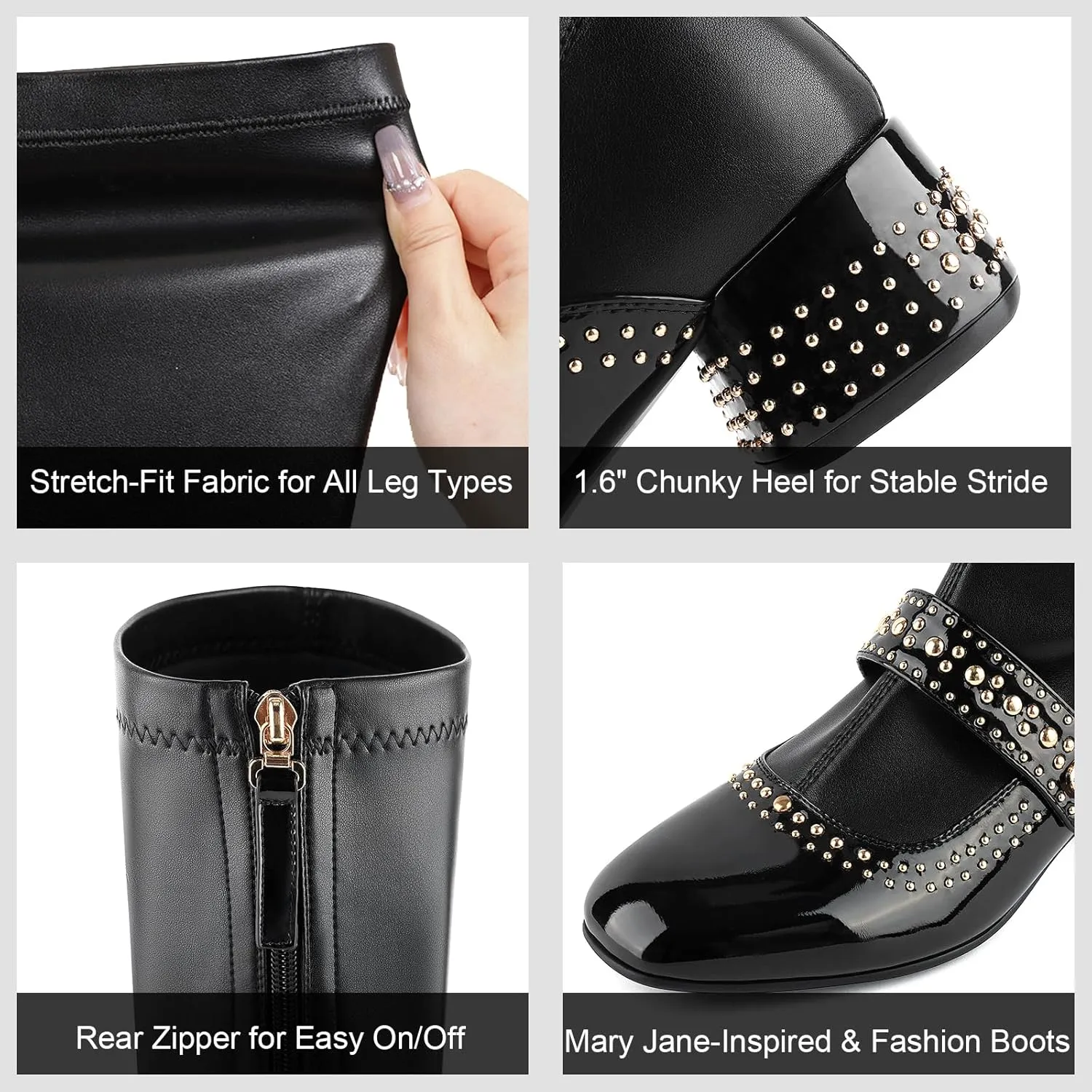 Knee High Boots for Women Round Toe Comfortable Chunky Block Heel Elastic Stretch Tall Boots Rivet Zipper Fashion Dancing Party Boots