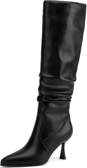 Knee High Boots Women Kitten High Heel Faux Leather Pointed Toe Slouchy Long Boots Fashion Dress Pull on Tall Boots