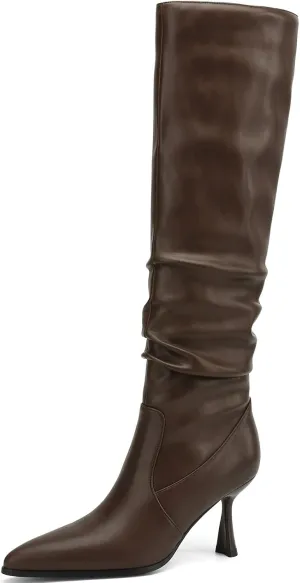 Knee High Boots Women Kitten High Heel Faux Leather Pointed Toe Slouchy Long Boots Fashion Dress Pull on Tall Boots