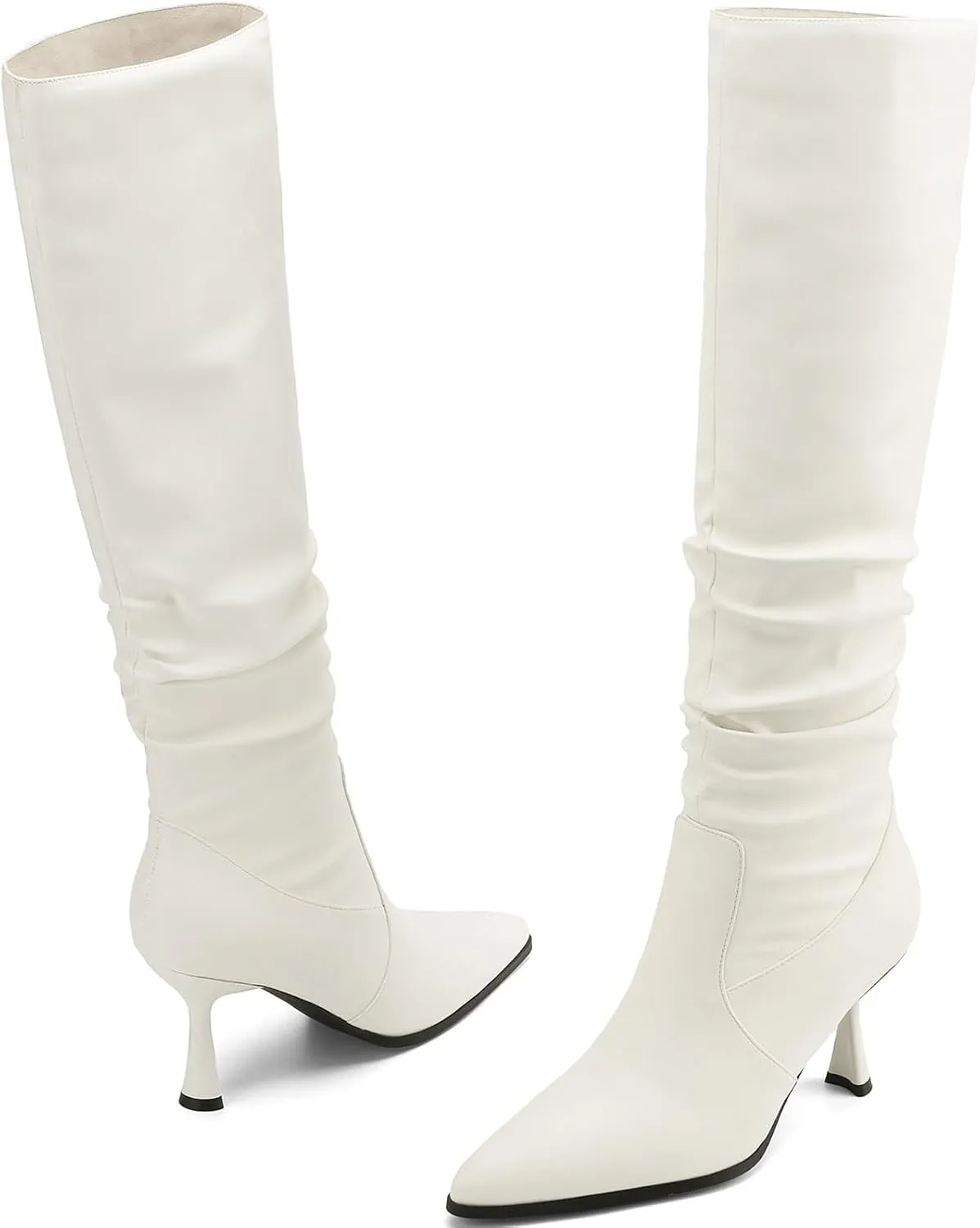 Knee High Boots Women Kitten High Heel Faux Leather Pointed Toe Slouchy Long Boots Fashion Dress Pull on Tall Boots