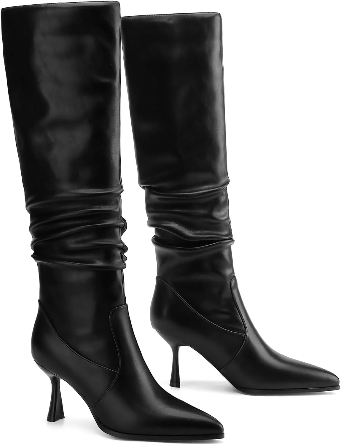 Knee High Boots Women Kitten High Heel Faux Leather Pointed Toe Slouchy Long Boots Fashion Dress Pull on Tall Boots