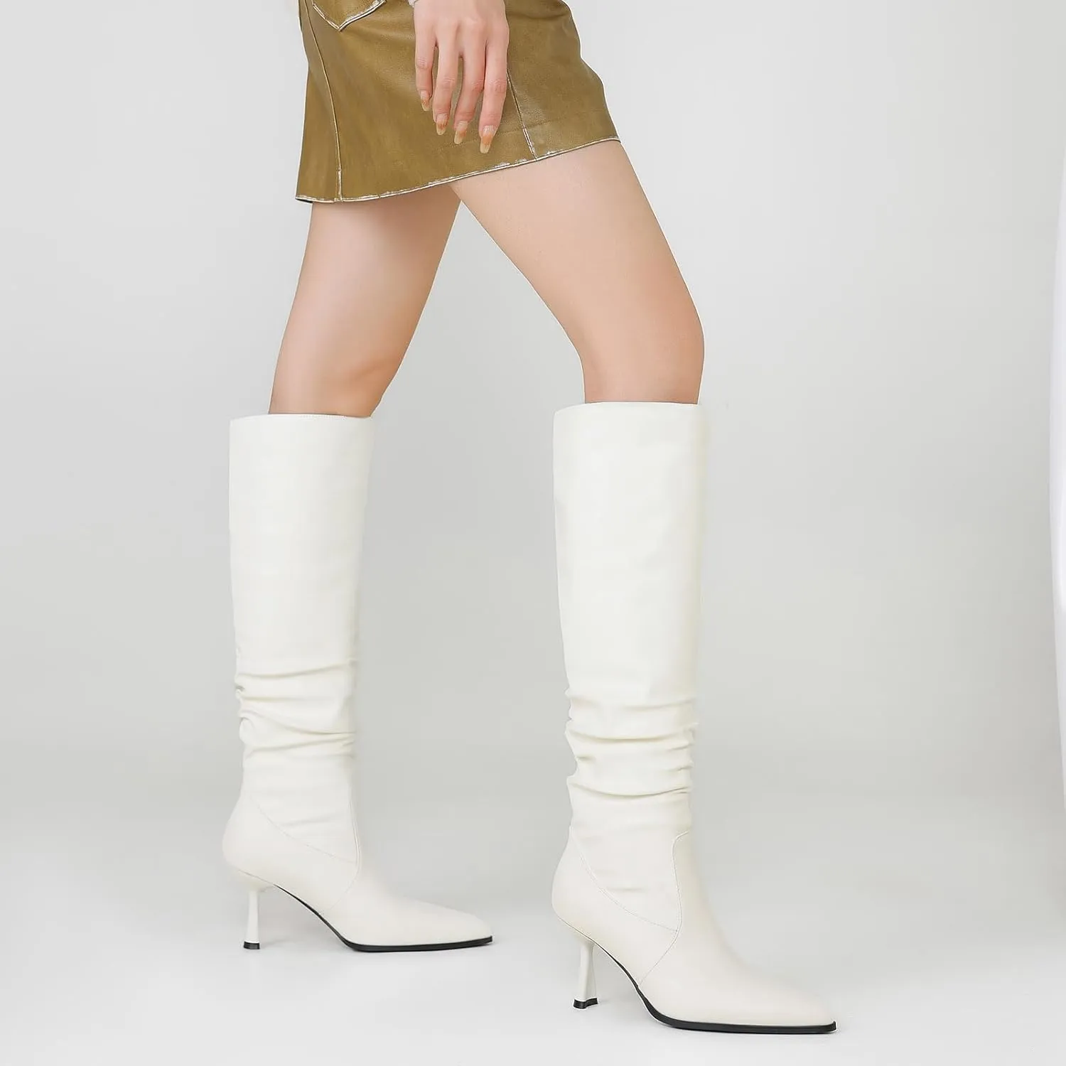 Knee High Boots Women Kitten High Heel Faux Leather Pointed Toe Slouchy Long Boots Fashion Dress Pull on Tall Boots
