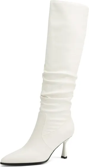 Knee High Boots Women Kitten High Heel Faux Leather Pointed Toe Slouchy Long Boots Fashion Dress Pull on Tall Boots