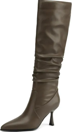 Knee High Boots Women Kitten High Heel Faux Leather Pointed Toe Slouchy Long Boots Fashion Dress Pull on Tall Boots