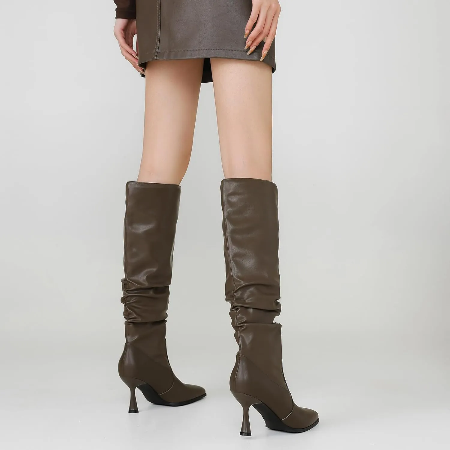 Knee High Boots Women Kitten High Heel Faux Leather Pointed Toe Slouchy Long Boots Fashion Dress Pull on Tall Boots