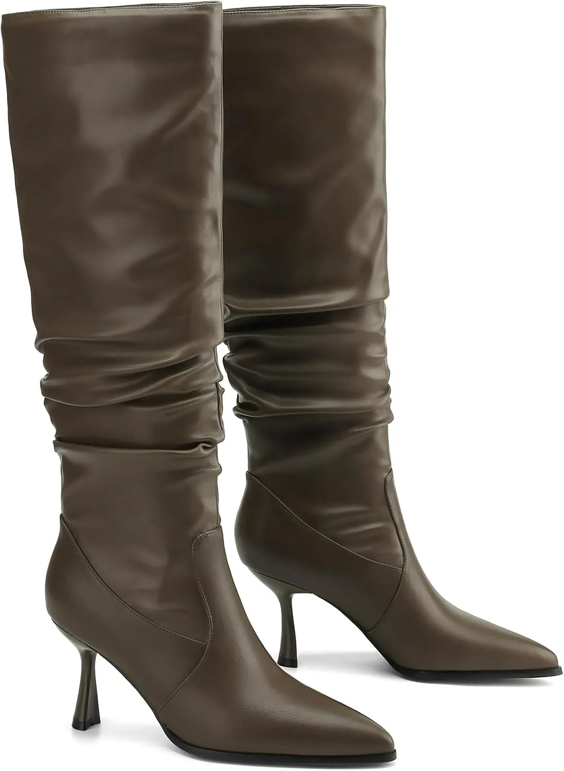 Knee High Boots Women Kitten High Heel Faux Leather Pointed Toe Slouchy Long Boots Fashion Dress Pull on Tall Boots