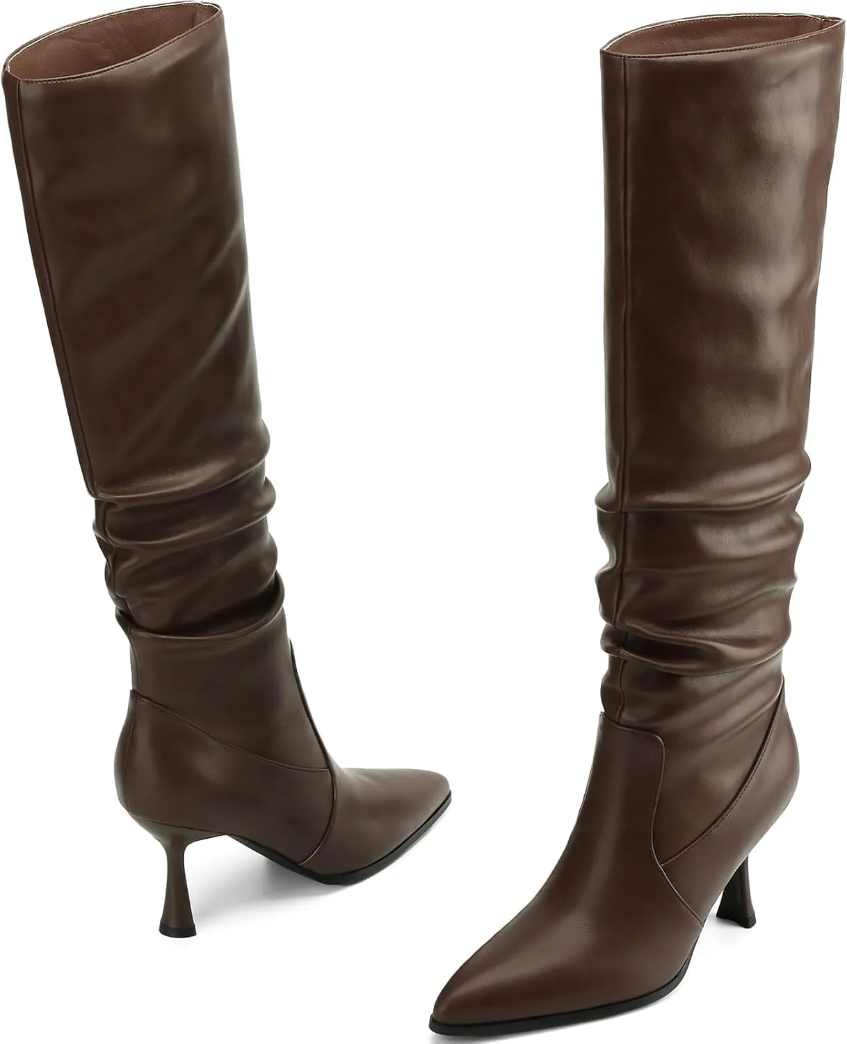 Knee High Boots Women Kitten High Heel Faux Leather Pointed Toe Slouchy Long Boots Fashion Dress Pull on Tall Boots