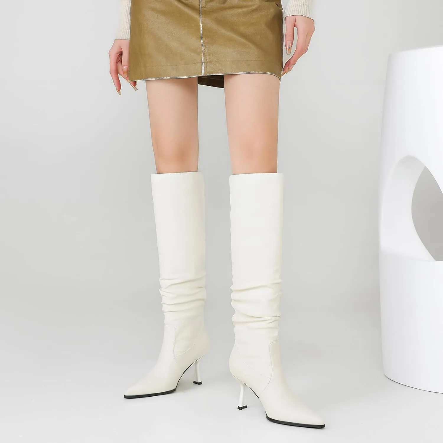 Knee High Boots Women Kitten High Heel Faux Leather Pointed Toe Slouchy Long Boots Fashion Dress Pull on Tall Boots