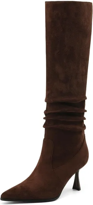 Knee High Boots Women Kitten High Heel Faux Leather Pointed Toe Slouchy Long Boots Fashion Dress Pull on Tall Boots