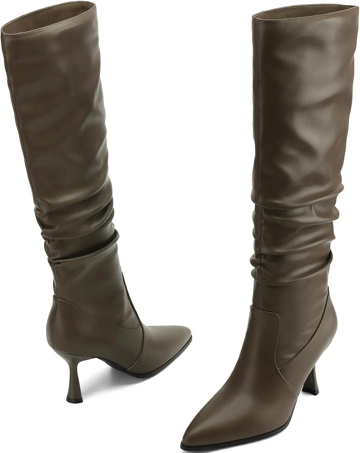 Knee High Boots Women Kitten High Heel Faux Leather Pointed Toe Slouchy Long Boots Fashion Dress Pull on Tall Boots