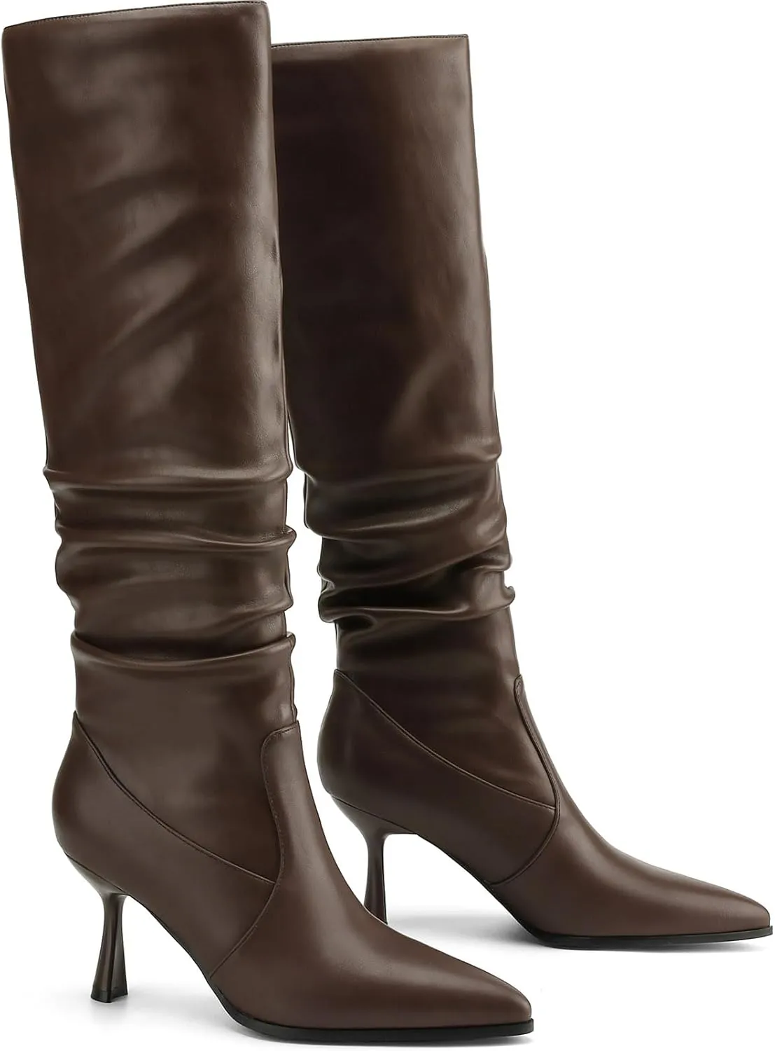 Knee High Boots Women Kitten High Heel Faux Leather Pointed Toe Slouchy Long Boots Fashion Dress Pull on Tall Boots