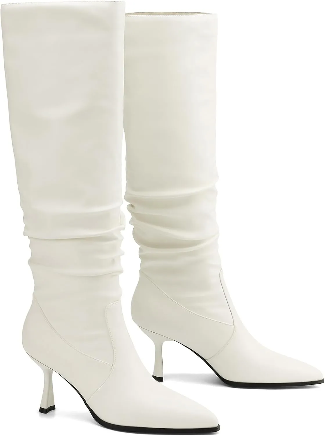 Knee High Boots Women Kitten High Heel Faux Leather Pointed Toe Slouchy Long Boots Fashion Dress Pull on Tall Boots