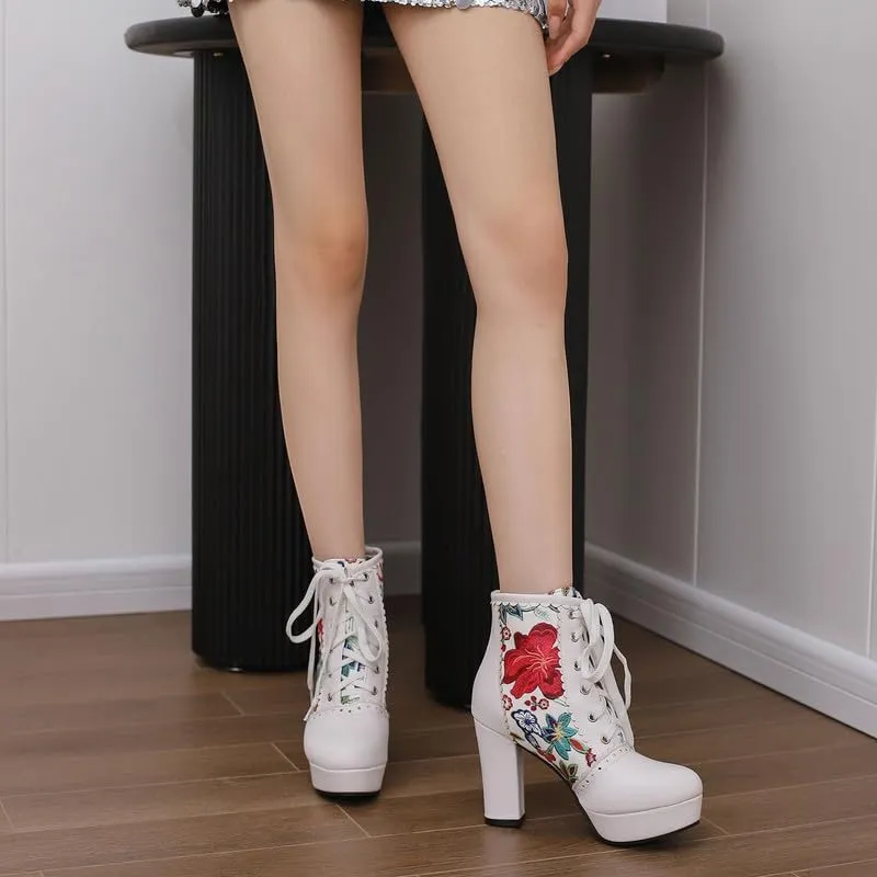 KOKOMOMO Sparkly Platform Ankle Boots Short Sequin Glitter Combat Boots Chunky Heeled Lace Up Booties