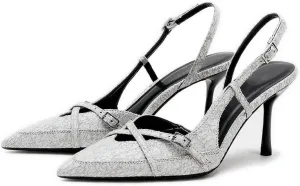 KOKOMOMO Womens High Heel Pointed Toe Slingback Pumps Denim High Heels Dress Shoes