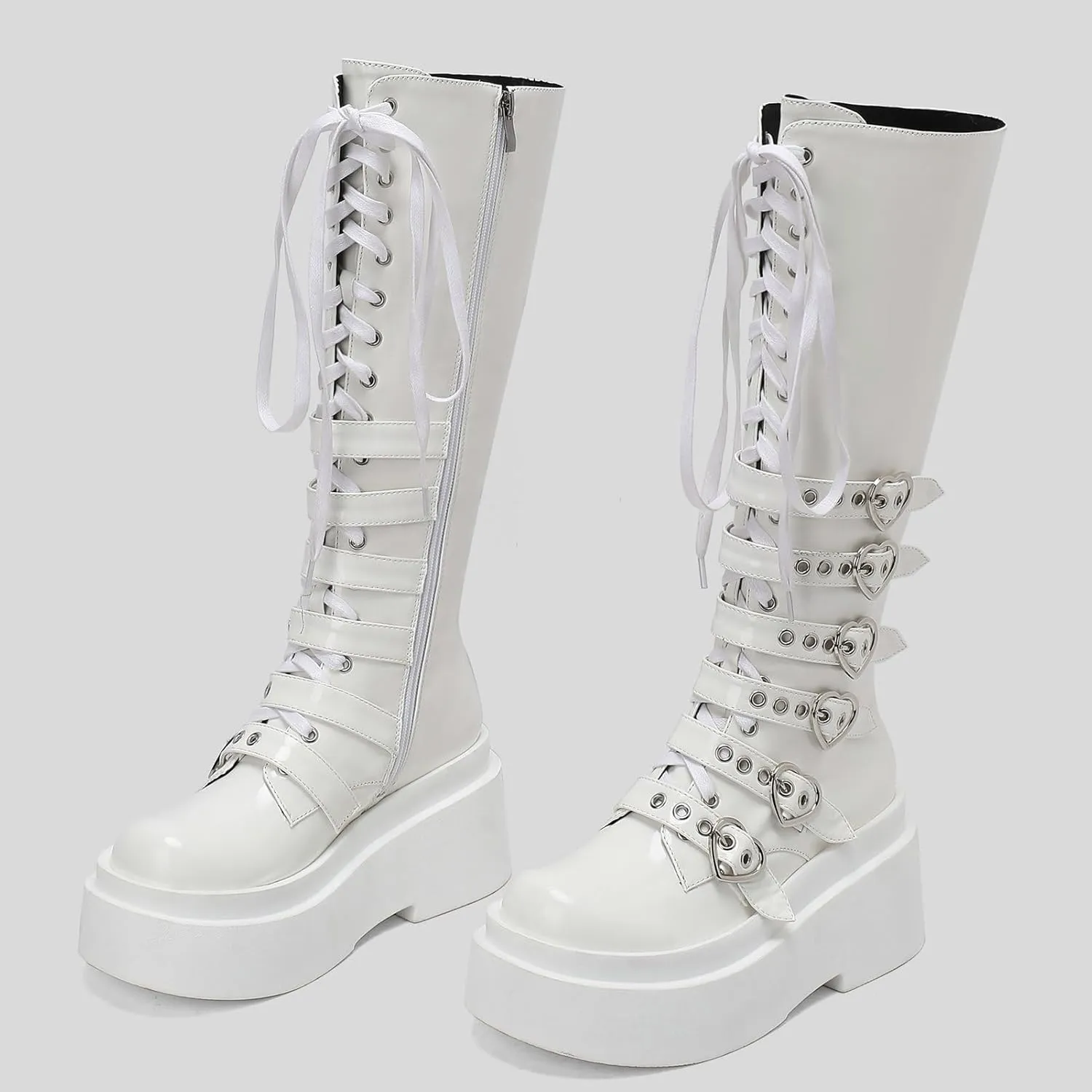 KysBloes Goth Buckle Boots for Women Platform Knee High Boots Lace Up Tall Boots Punk Style Strappy Wedge High Heel Boots
