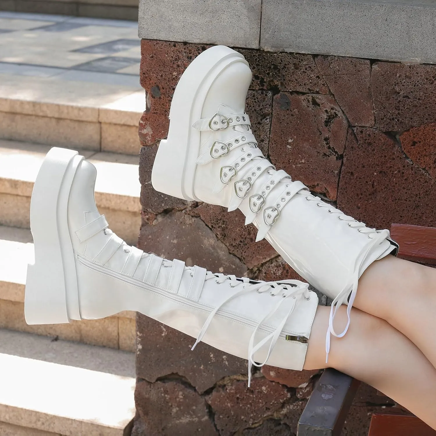 KysBloes Goth Buckle Boots for Women Platform Knee High Boots Lace Up Tall Boots Punk Style Strappy Wedge High Heel Boots