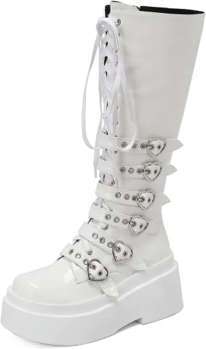 KysBloes Goth Buckle Boots for Women Platform Knee High Boots Lace Up Tall Boots Punk Style Strappy Wedge High Heel Boots