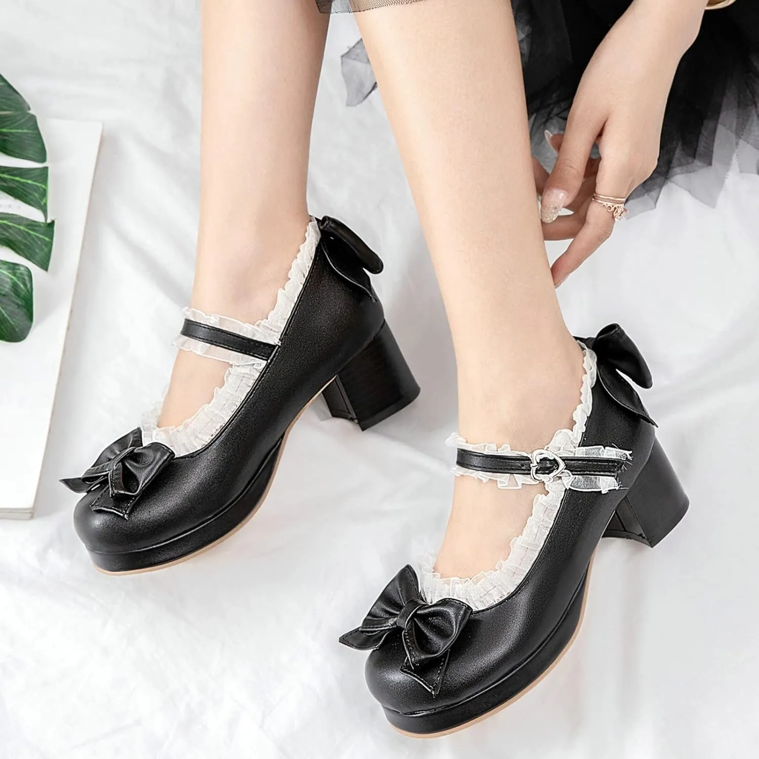 KysBloes Women Kawaii Shoes Sweet Mary Janes Platform Lace Cute Pumps Mid Block Heel Buckle Pumps with Bow
