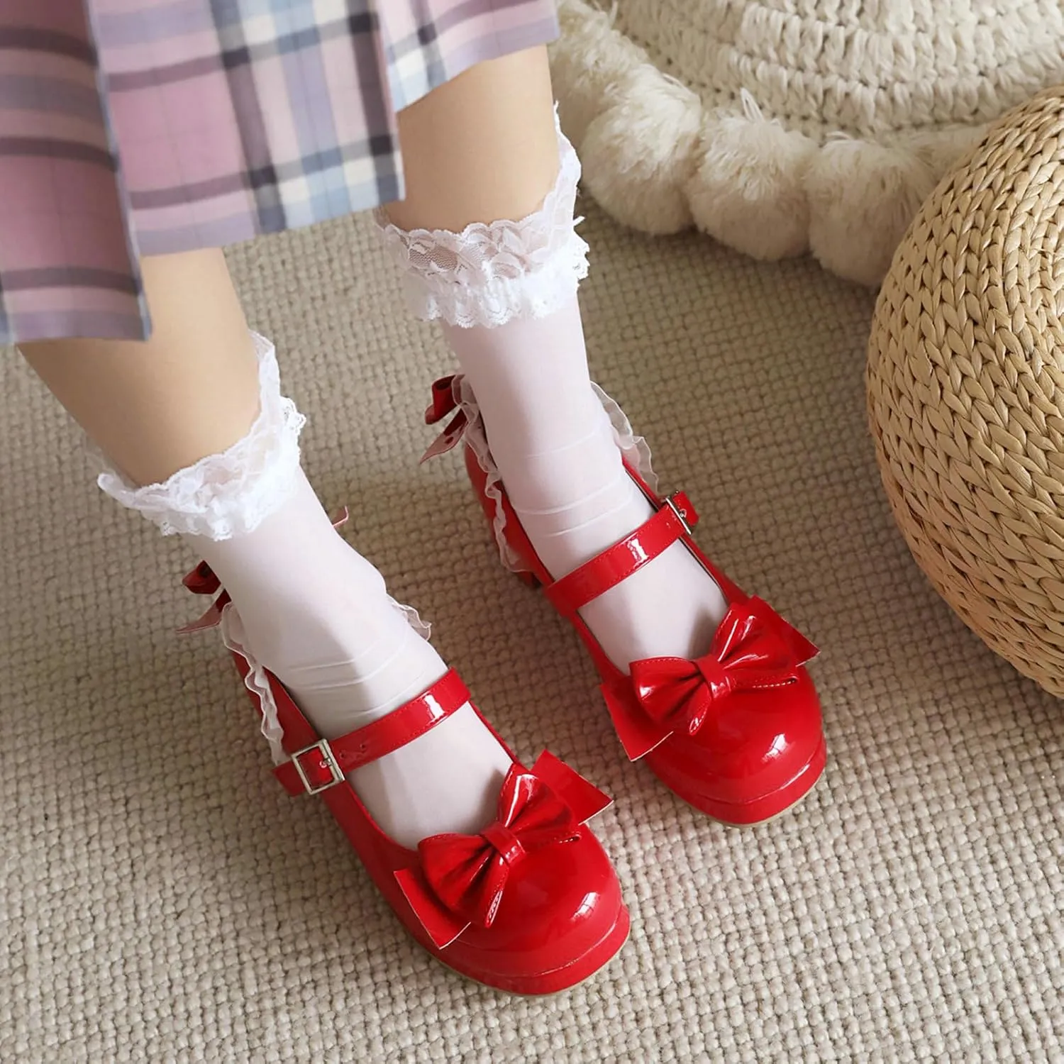 KysBloes Women Kawaii Shoes Sweet Mary Janes Platform Lace Cute Pumps Mid Block Heel Buckle Pumps with Bow