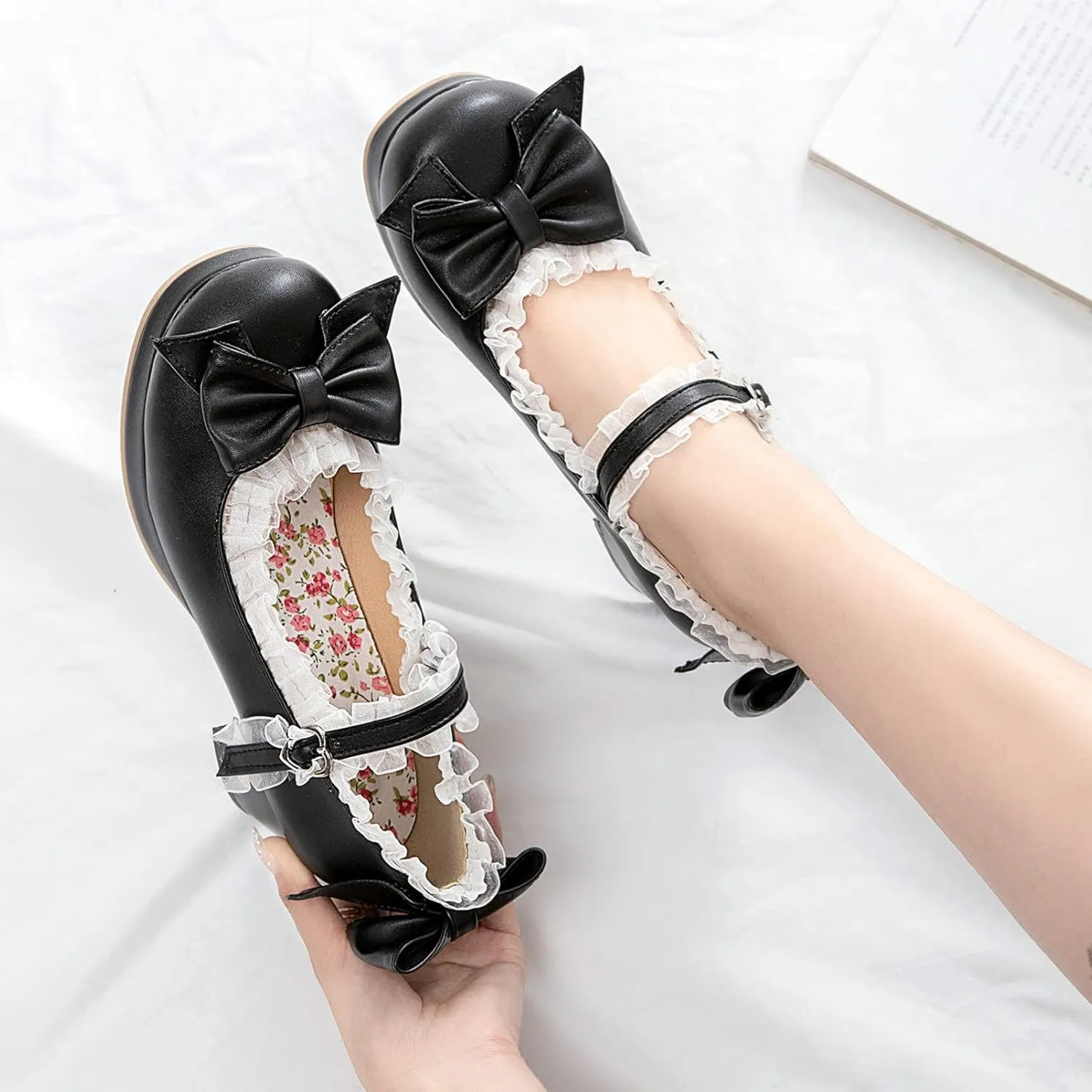 KysBloes Women Kawaii Shoes Sweet Mary Janes Platform Lace Cute Pumps Mid Block Heel Buckle Pumps with Bow