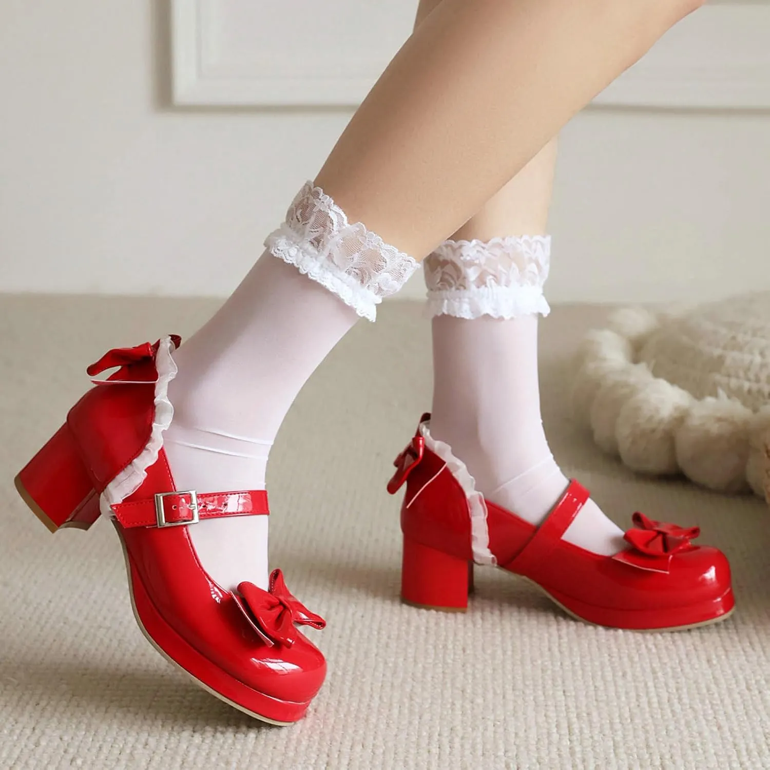 KysBloes Women Kawaii Shoes Sweet Mary Janes Platform Lace Cute Pumps Mid Block Heel Buckle Pumps with Bow