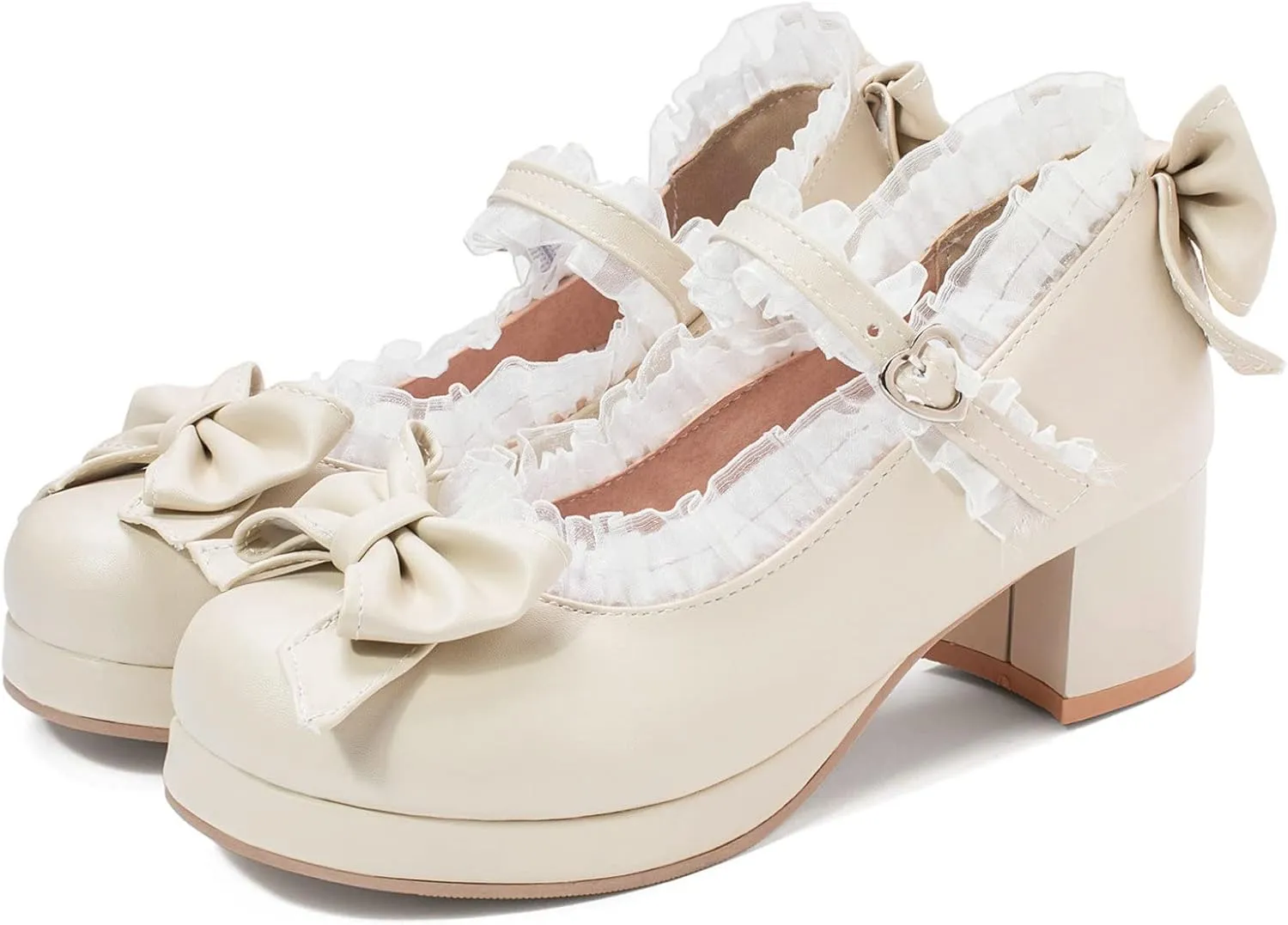 KysBloes Women Kawaii Shoes Sweet Mary Janes Platform Lace Cute Pumps Mid Block Heel Buckle Pumps with Bow