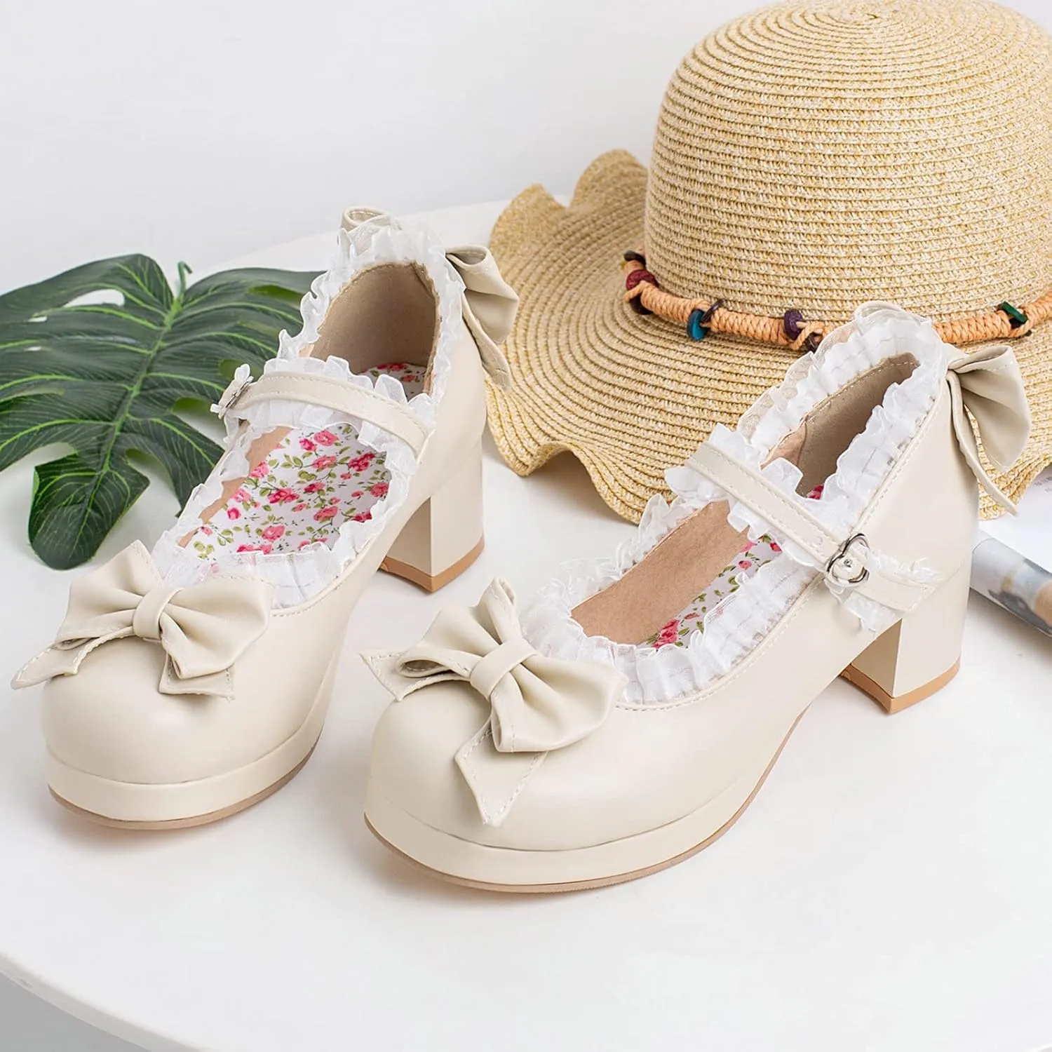 KysBloes Women Kawaii Shoes Sweet Mary Janes Platform Lace Cute Pumps Mid Block Heel Buckle Pumps with Bow