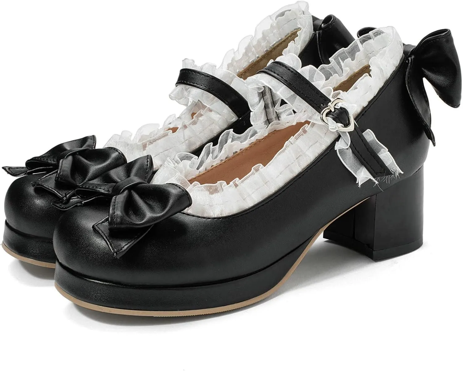 KysBloes Women Kawaii Shoes Sweet Mary Janes Platform Lace Cute Pumps Mid Block Heel Buckle Pumps with Bow
