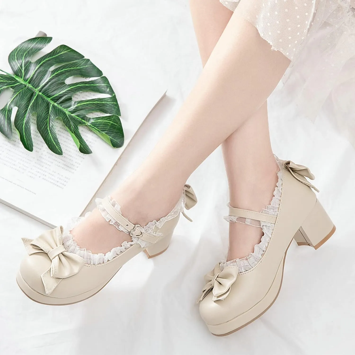 KysBloes Women Kawaii Shoes Sweet Mary Janes Platform Lace Cute Pumps Mid Block Heel Buckle Pumps with Bow