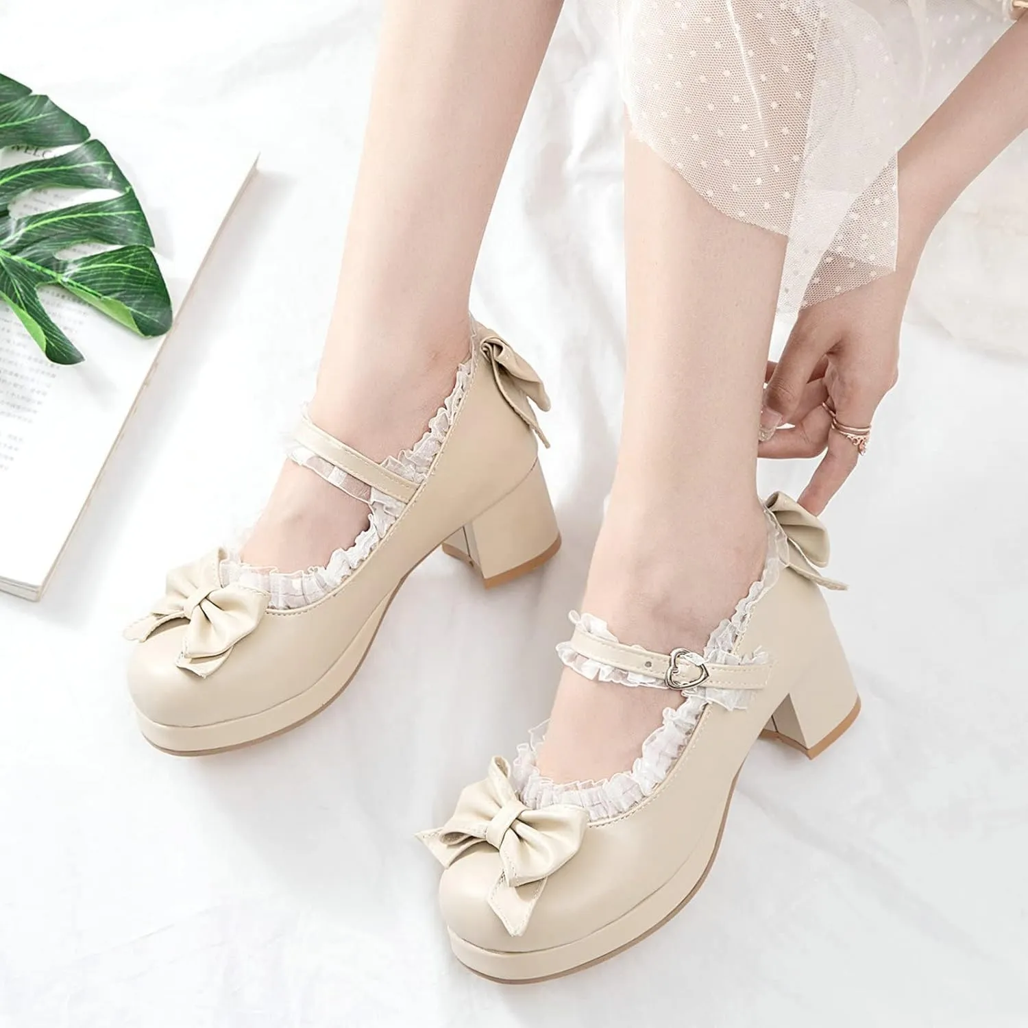 KysBloes Women Kawaii Shoes Sweet Mary Janes Platform Lace Cute Pumps Mid Block Heel Buckle Pumps with Bow