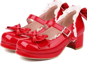 KysBloes Women Kawaii Shoes Sweet Mary Janes Platform Lace Cute Pumps Mid Block Heel Buckle Pumps with Bow
